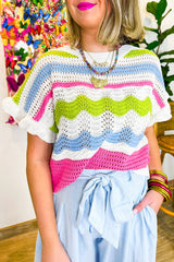 High white sweater with short sleeves and knitted ruffles in COLOR BLOCK hook