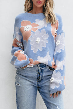 Pull tricoté à épaules tombantes et col rond à fleurs Beau Blue