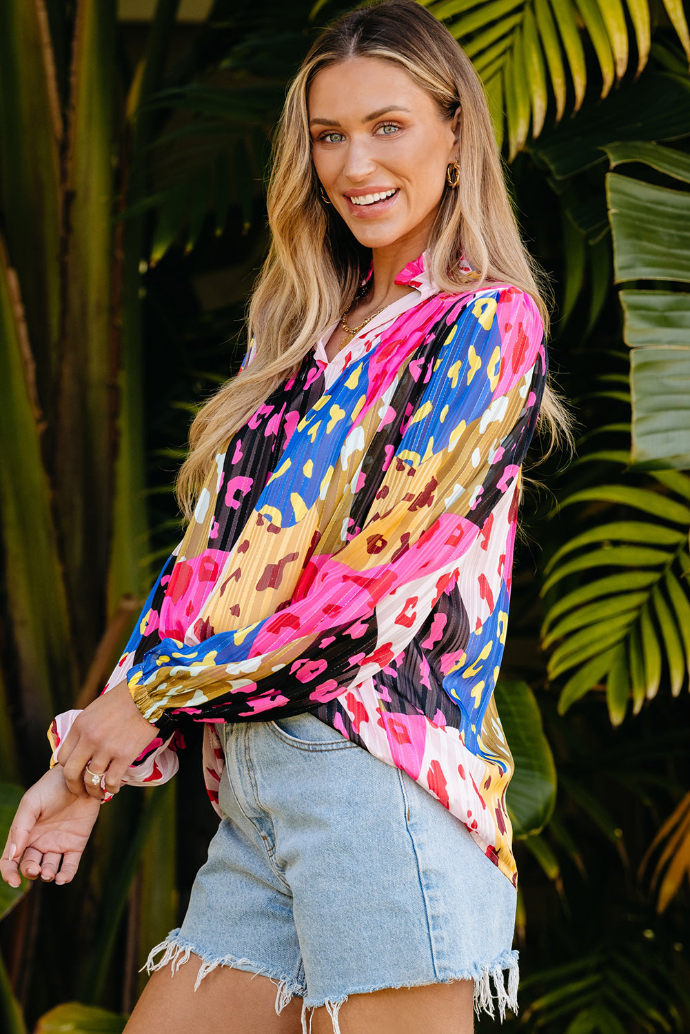 Chemisier plissé à imprimé léopard rose et patchwork-A WOMAN WE LOVE