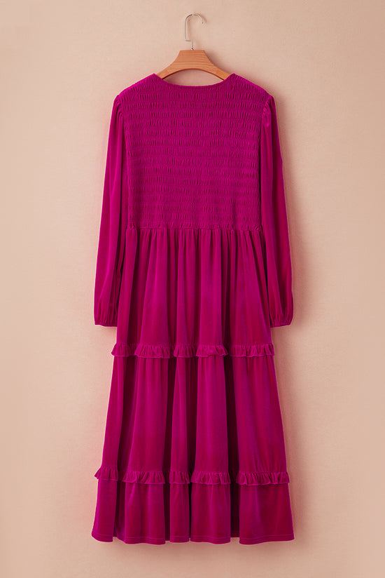 Long gathered dress with V -collar and ruffles in large velvet red pink size