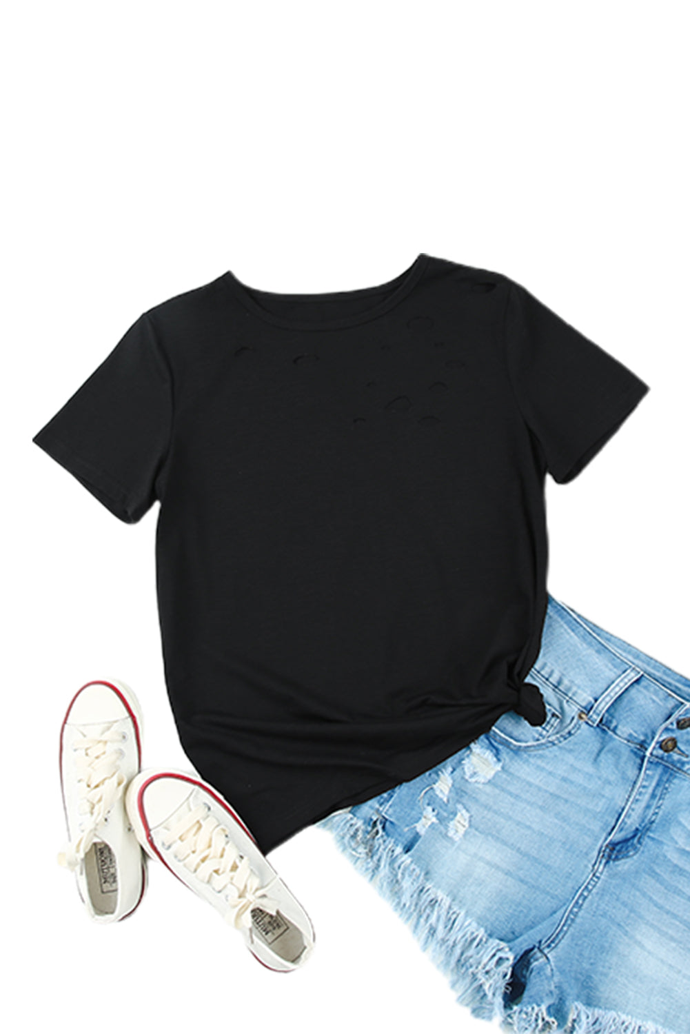 Camiseta de algodón mezclada con cuello redondo negro