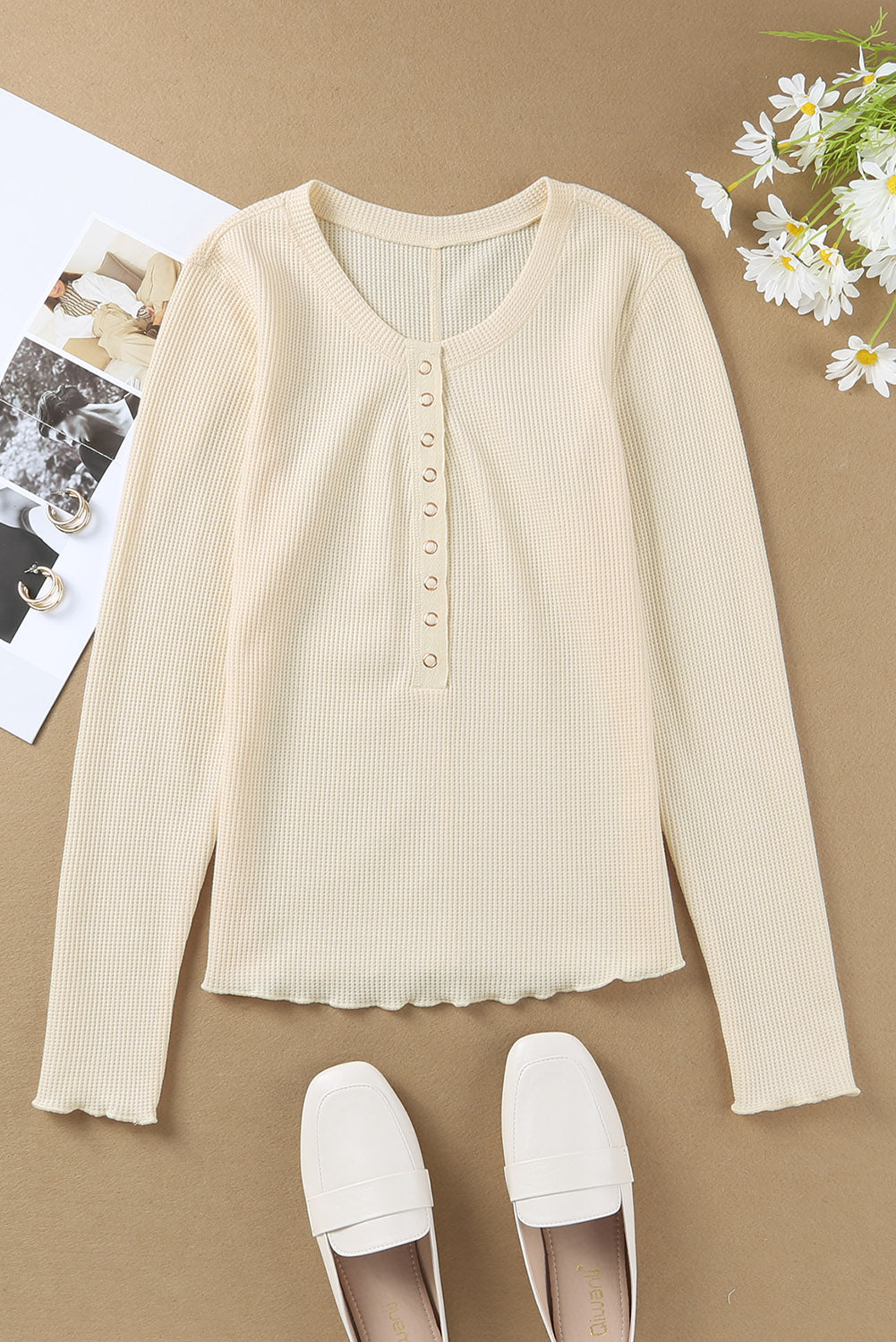 Apricot Waffle Knit Long Sleeve Buttoned Henley Top