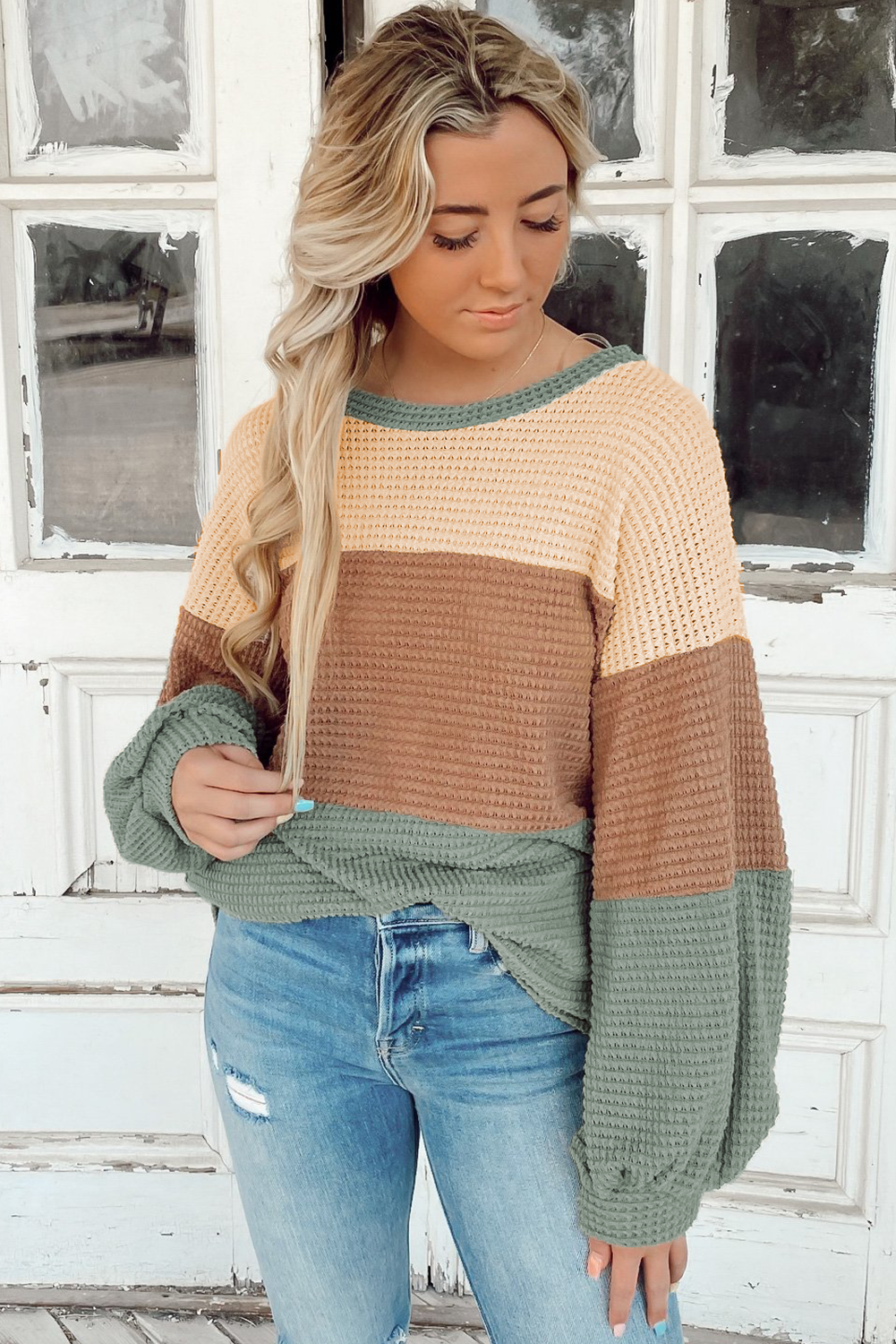 Green Stripe Textured Color Block Bubble Sleeve Baggy Top
