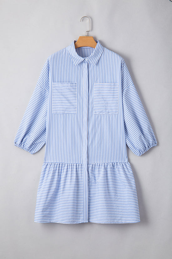 Sky blue striped button-down shirt dress, bubble sleeves, chest pockets