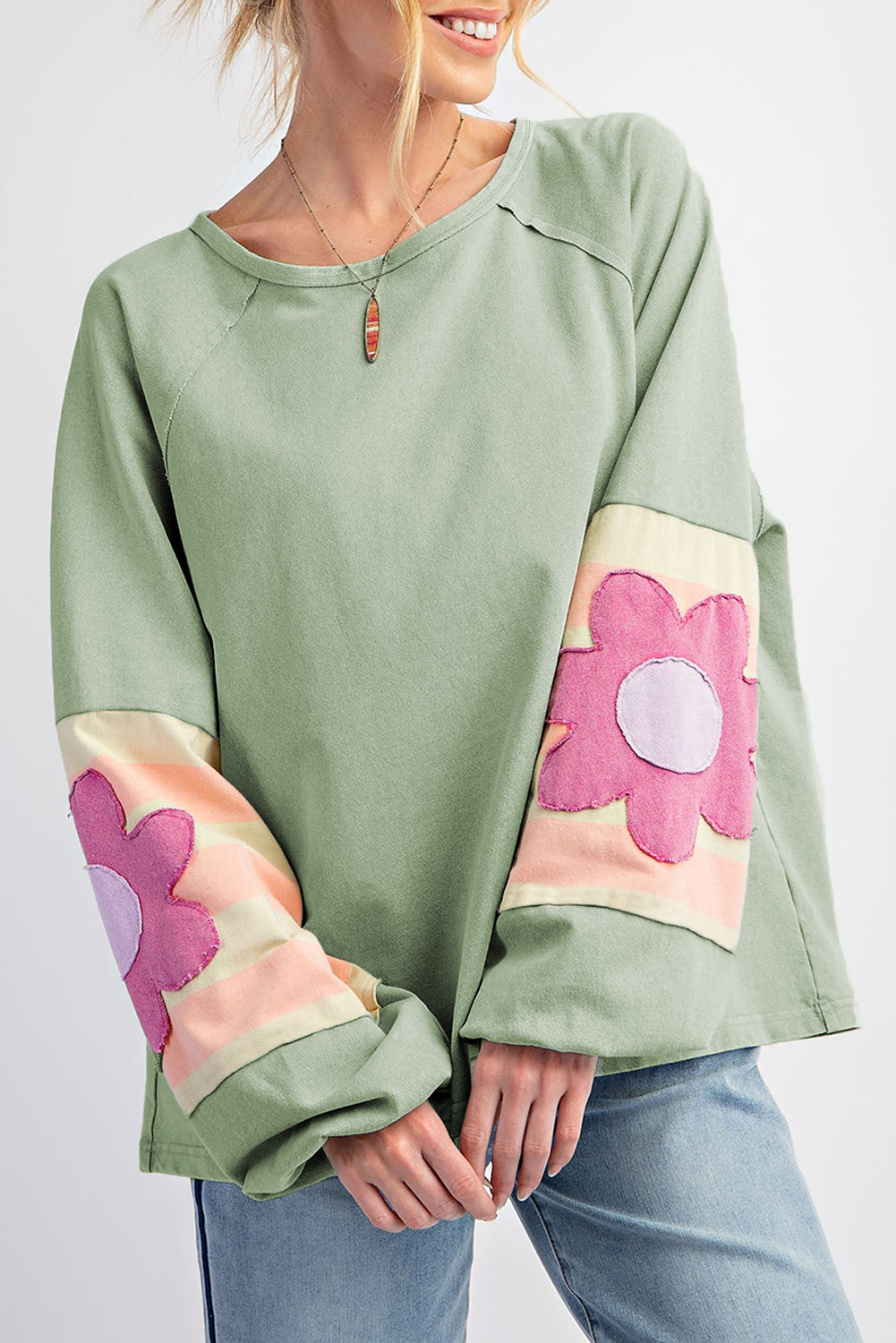 Smoke Green Flower Patchwork Raglan Sleeve Exposed Seam Overszed Top