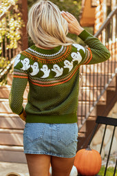 Jungle Green Drop Shoulder Sweater with Halloween Ghost Pattern