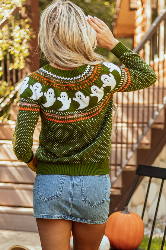 Pull vert jungle à épaules tombantes et motif fantôme d'Halloween