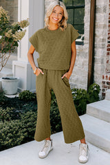 Ensemble pantalon large matelassé vert sauge à manches courtes-A WOMAN WE LOVE