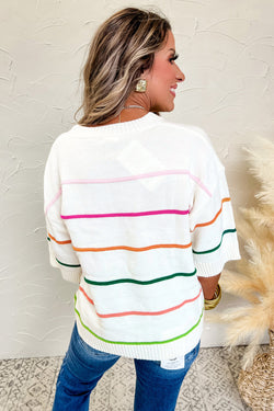 White sweater with color block stripes with half-driving and drooping shoulders