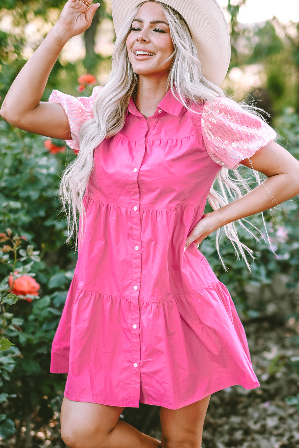 Vestido de camisa con rubor de manga de burbujas de lentejuelas de Bonbon