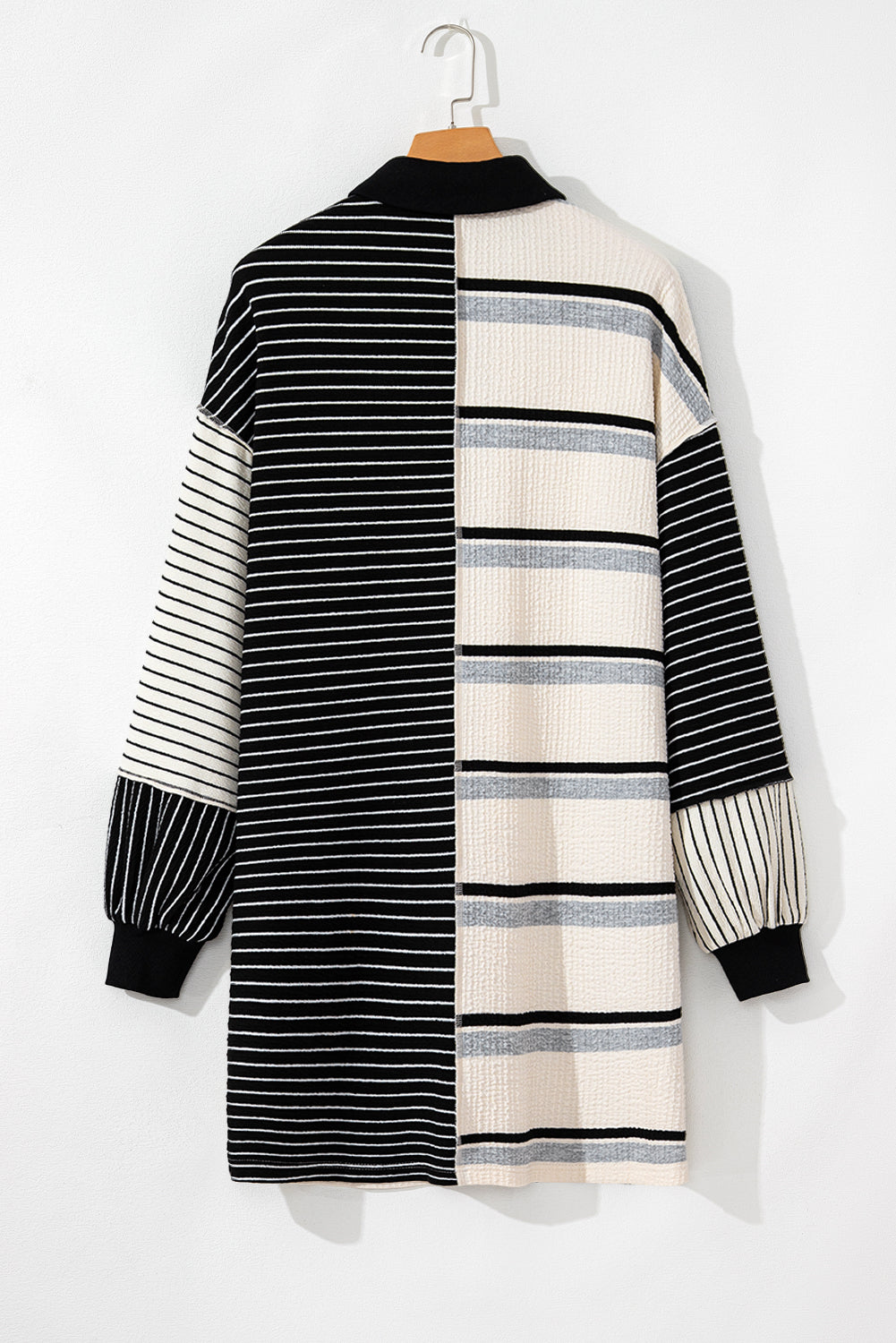 Black Stripe Colorblock Knit Henley Collar Shift Manga larga Mini Vestido