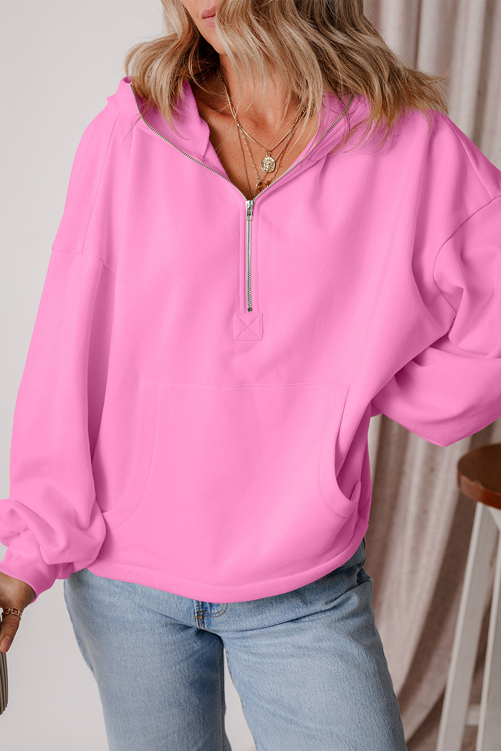 Bonbon Fleece Lined Half Zipper Kangaroo Pockets Loose Hoodie