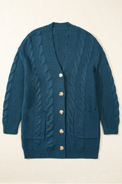 Cardigan baggy bleu paon en tricot torsadé boutonné avec poches sur le devant