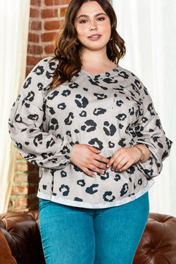 Gray thermal tricot high leopard with large balloon sleeves