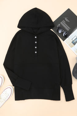 Black Henley Hoodie with Pockets and Batwing Sleeves