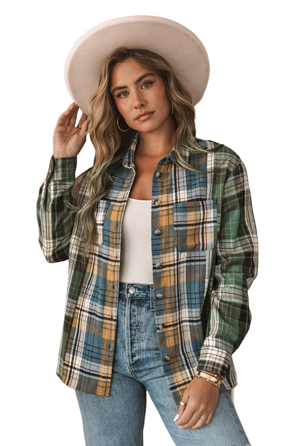 Green Chest Pockets Button Up Plaid Shacket