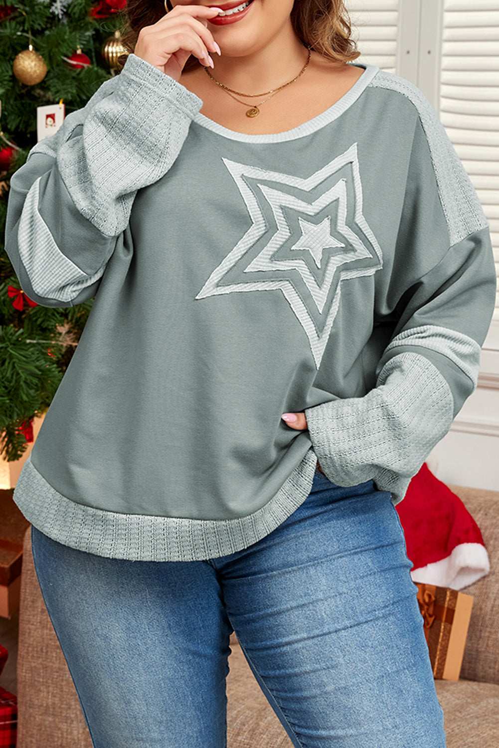 Mist Green Star Patchwork Crew Neck T-Shirt Plus Size