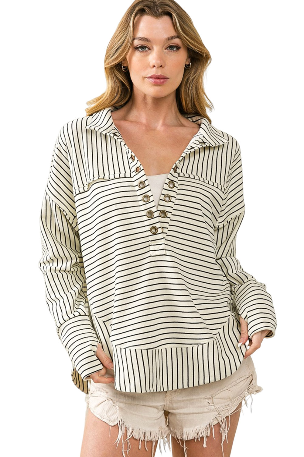 White Striped Thumbhole Drop Shoulder V Neck Top