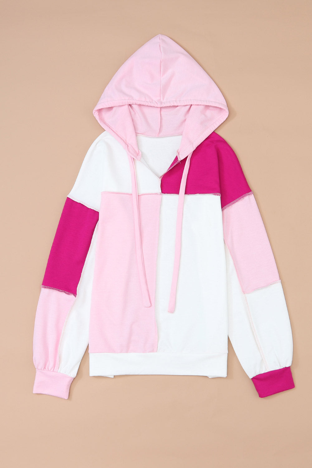 Pink Colorblock Exposed Seam Loose Sleeve Hoodie