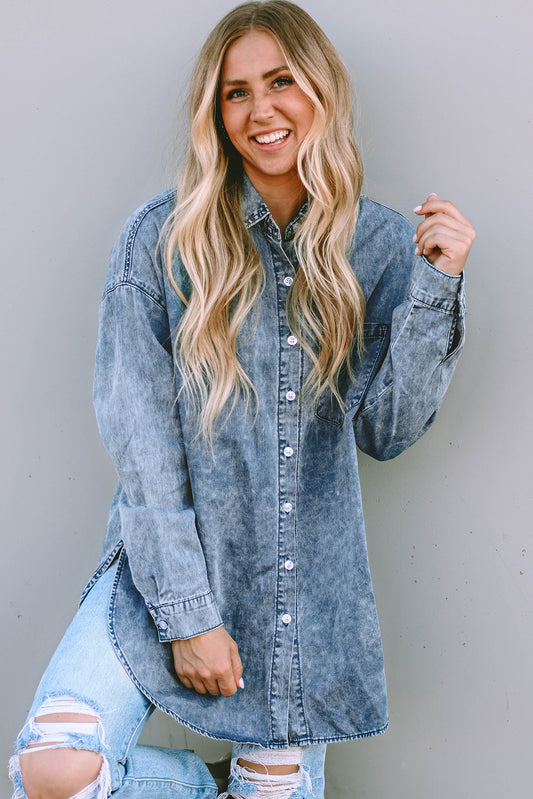 Sky Blue Vintage Washed Pocket Pocket Denim Shirt