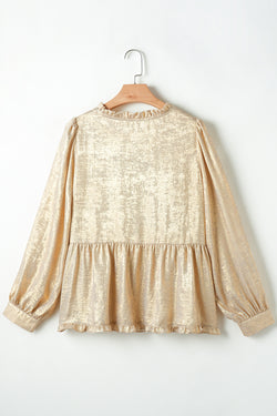 Golden babydoll blouse with ruffles and puffing sleeve collar *