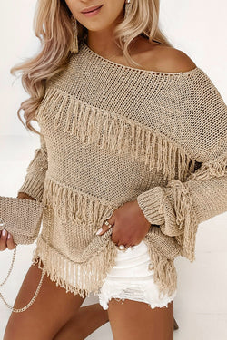 Boho Khaki Fringed Knitted Sweater