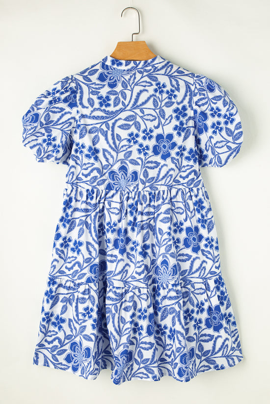 Blue Floral Print Puff Sleeve Tiered Dress