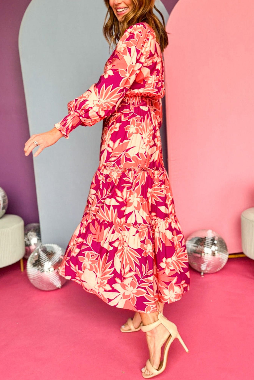 Pink Floral Print Buttoned Smocked High Waist Maxi Dress