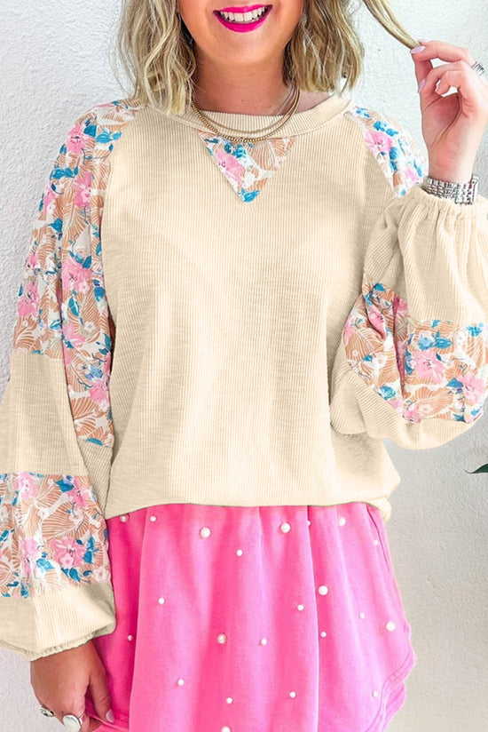 Ballon sleeve blouse in textured floral patchwork apricot