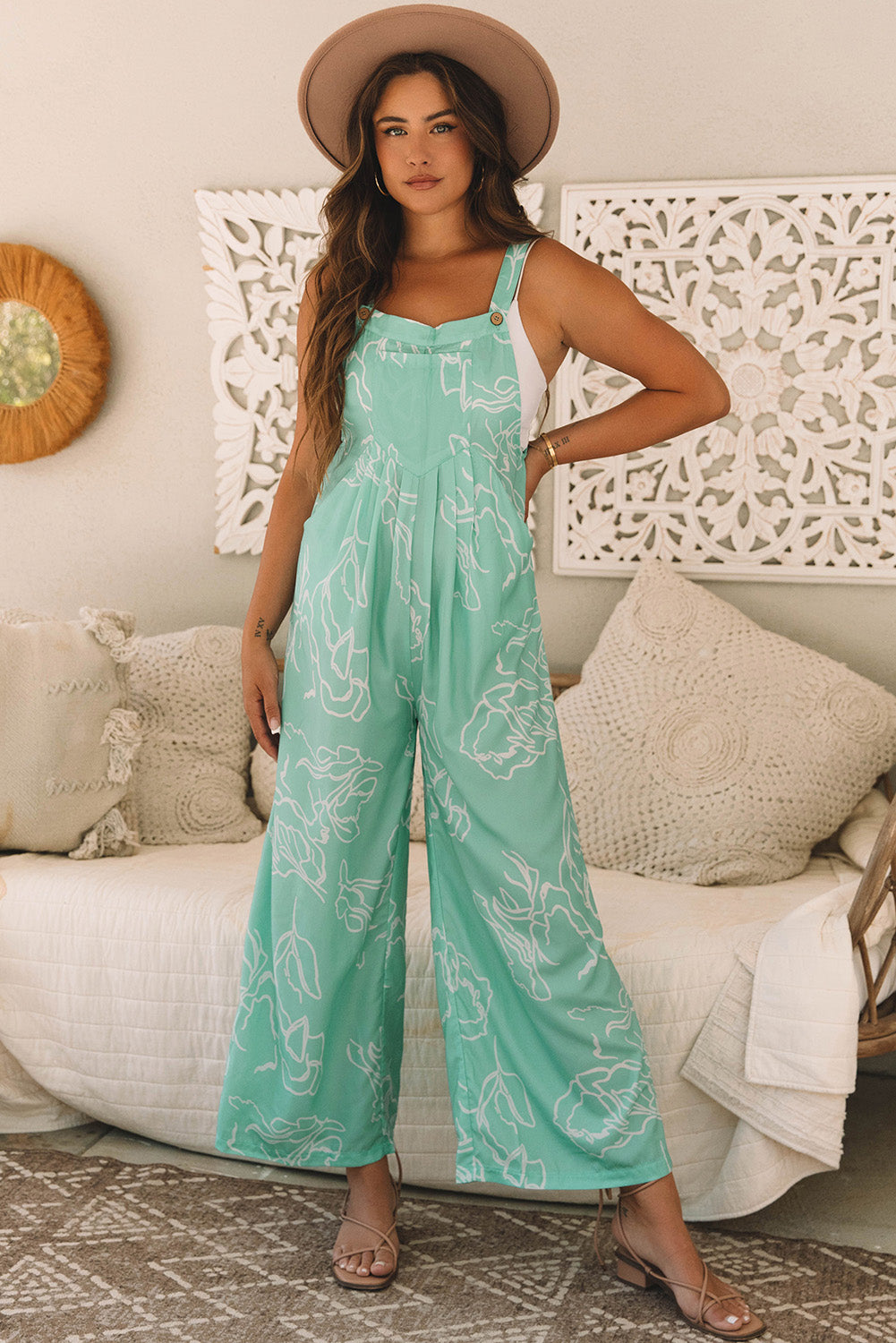 Moonlight Jade gedruckt Latz mit weitem Bein Overalls