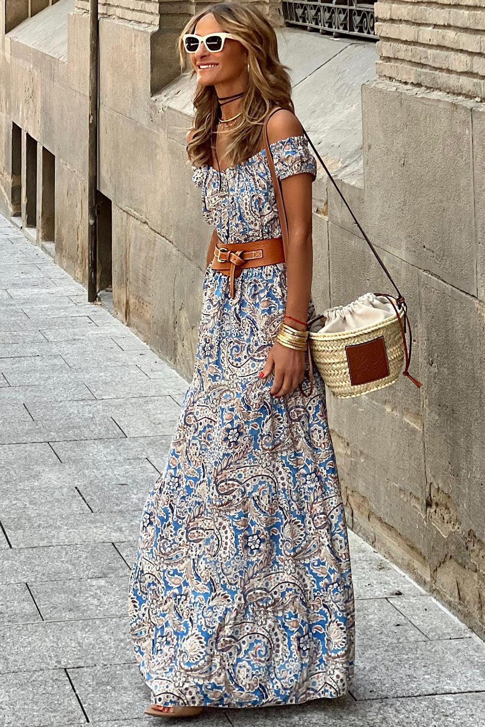 Blue Off Shoulder Paisley Print Bohemian Maxi Dress