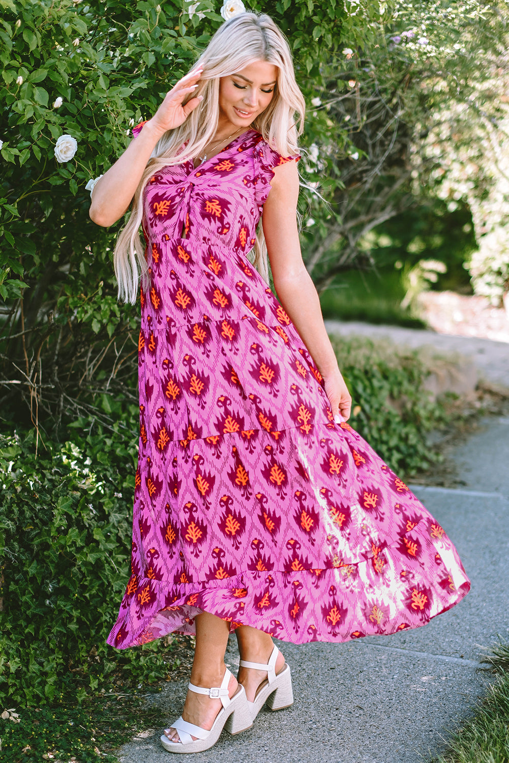 Bonbon Retro Print Twisted Front Ruffled Sleeve Maxi Kleid