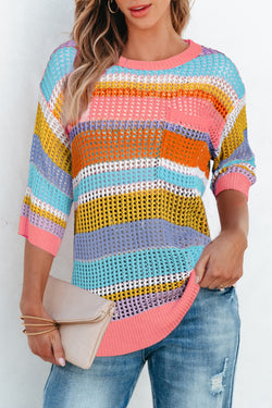 Pull with 3/4 sleeve in openwork hook with pink stripes and color block