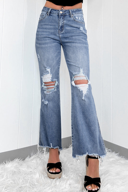 Dusk Blue High Rise Ripped Distressed Hem Flared Jeans