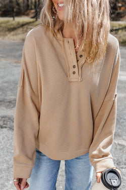 Casual Khaki Hoodie with Buttons and Solid Patchwork Trim