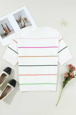 White sweater with color block stripes with half-driving and drooping shoulders