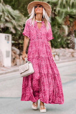 Vestido largo con volantes y varios niveles de estilo impresos en color rosa imprimido bohemio