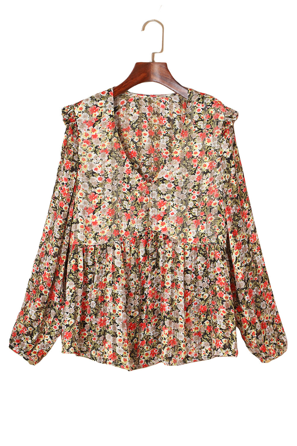 Khaki V Neck Ruffled Babydoll Floral Blouse