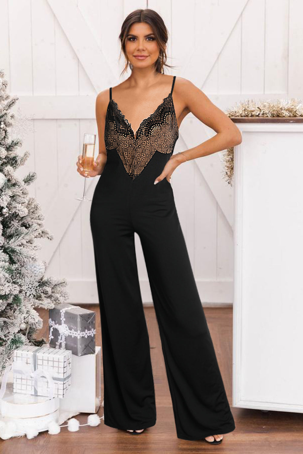 Schwarzer Spitze gegen Nackenmieder Spaghetti -Straps Weitbein -Jumpsuit