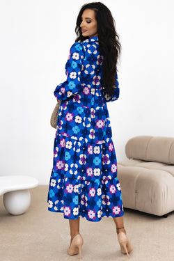 Blue floral midi dress with ruffled peasant sleeves and ruffles