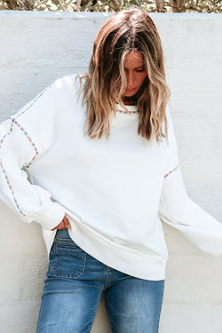 White Drop Shoulder Sweatshirt with Contrast Rainbow Trim