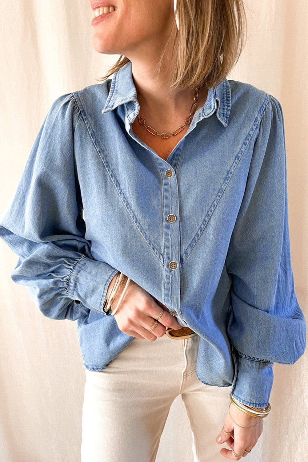 Sky Blue V-shape Stitching Puff Sleeve Denim Shirt