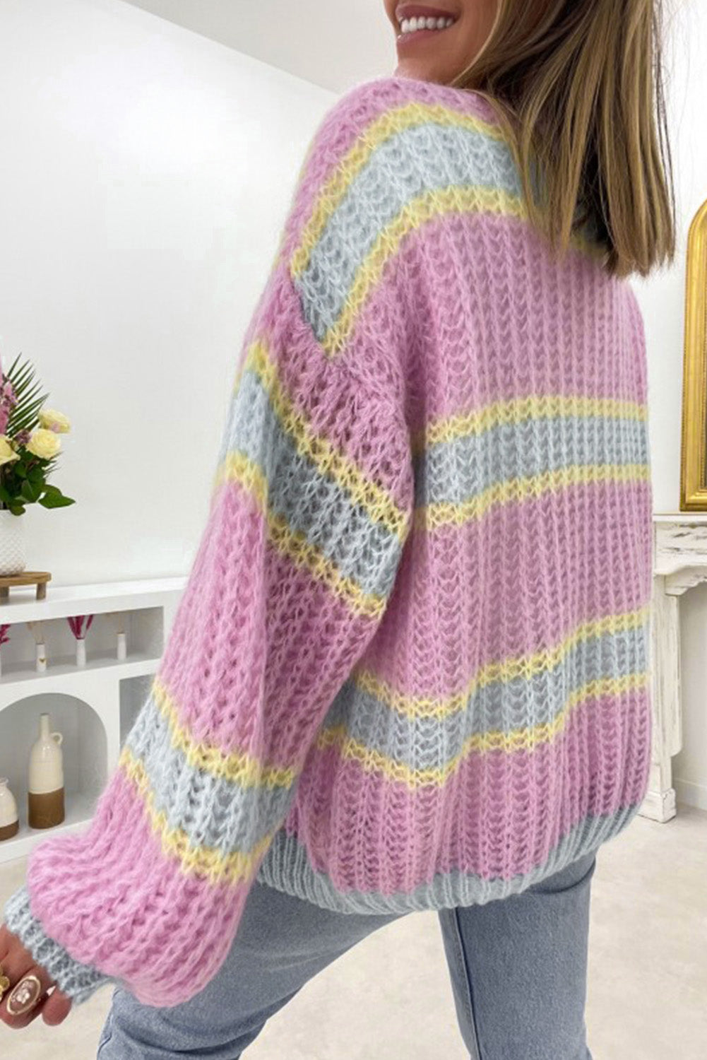 Cardigan torsadé ouvert sur le devant à rayures contrastées rose-A WOMAN WE LOVE