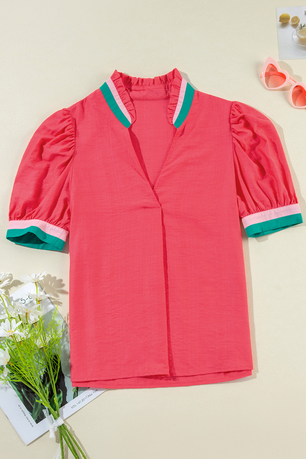 Carrot Colorful Trim V Neck Short Sleeve Blouse