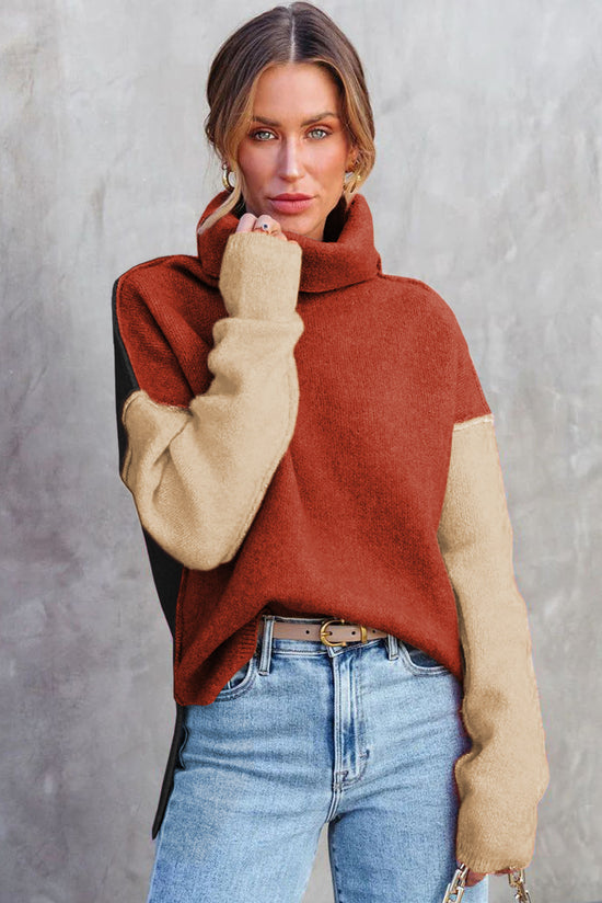 Clay Red Drop Shoulder Turtleneck Knit Sweater