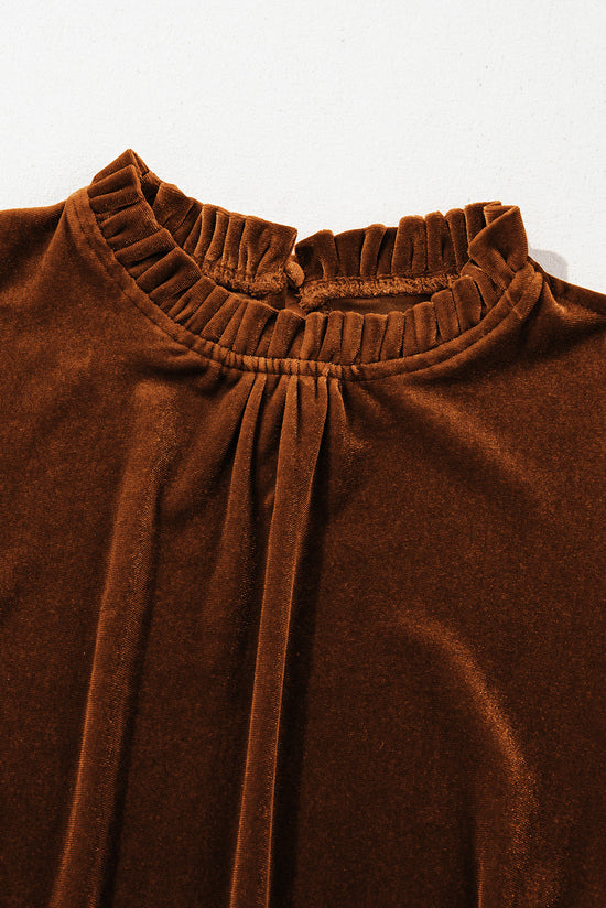 Chestnut velvet top with puffed sleeves and ruffled collar