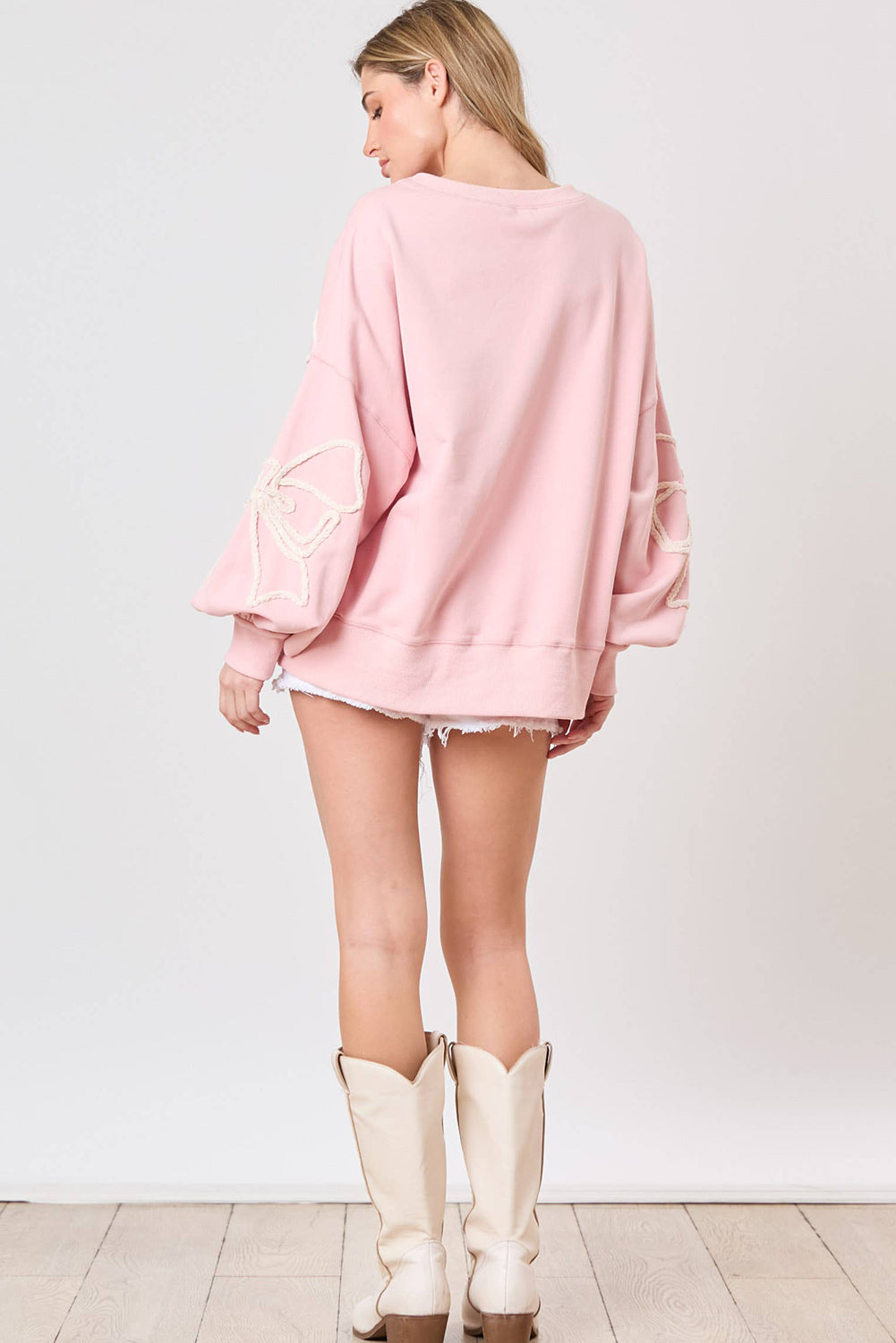 Light Pink Bow Thread Embroidery Ribbed Edge Sweatshirt