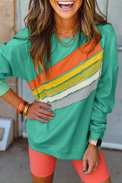 Mint Green Rainbow Color Block Striped Sweatshirt