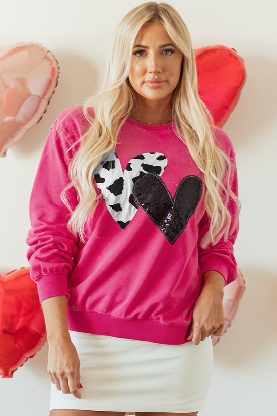 Strawberry Pink Sequin Double Heart Graphic Sweatshirt