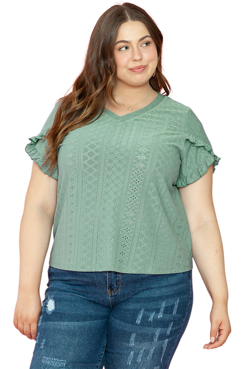 Laurel Green Petal manga Jacquard v Neck Curvy Blusa